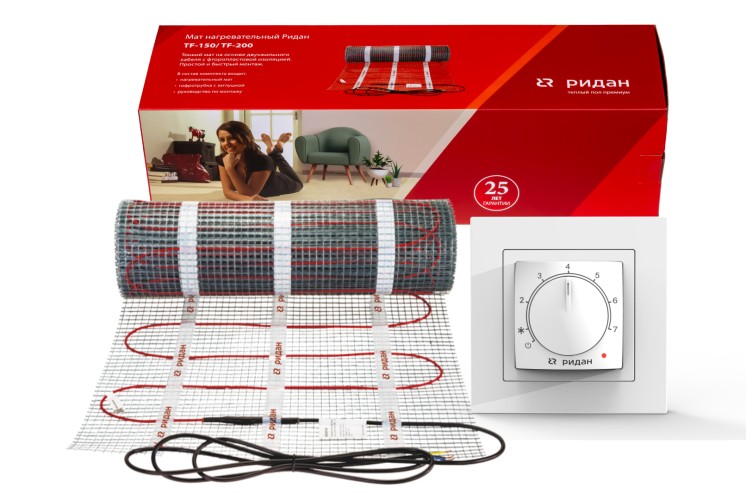 Ridan 21RT1024R — Розничный комплект для теплого пола: нагревательный мат Ridan TF-150 6 м² с терморегулятором Ridan Twist (черный)