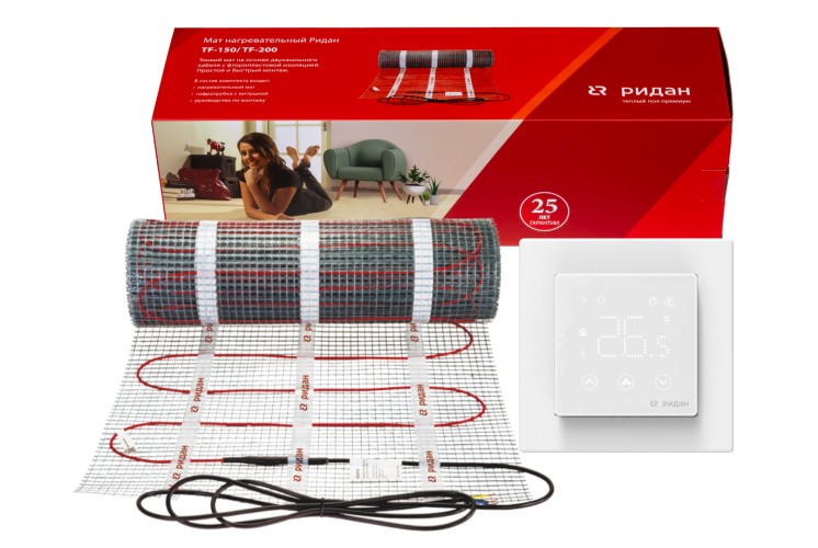 Ridan 21RT1092R — Розничный комплект для теплого пола: нагревательный мат Ridan TF-200 2,5 м² с терморегулятором Ridan Clever (белый)