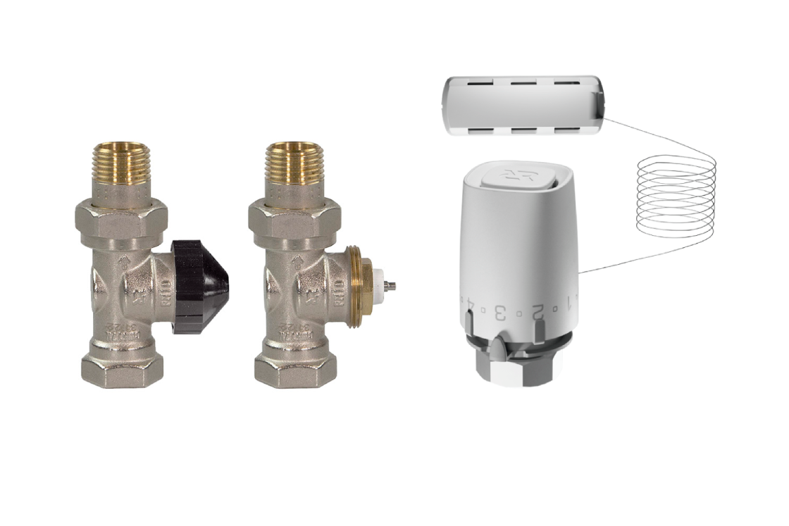 Комплект для двухтрубной системы отопления для радиаторов или конвекторов отопления с боковым подключением: клапан терморегулирующий 013G7016R (Ду20, прямой) + термостатический элемент с выносным датчиком 003G9006R (присоединение М30х1,5)